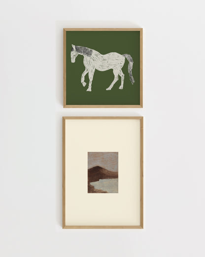 Minimal horse illustration paired with a small coastal landscape artwork in natural green and neutral tones