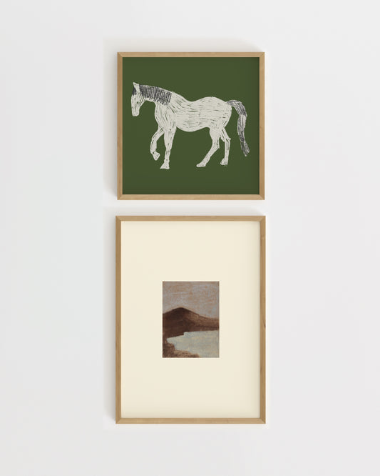 Minimal horse illustration paired with a small coastal landscape artwork in natural green and neutral tones