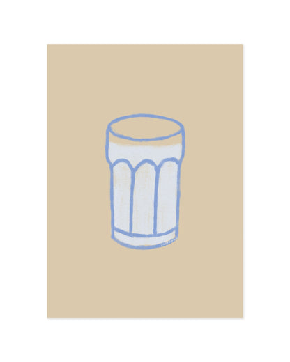 Set of two minimalist kitchen prints featuring a milk bottle and drinking glass in soft neutral colours