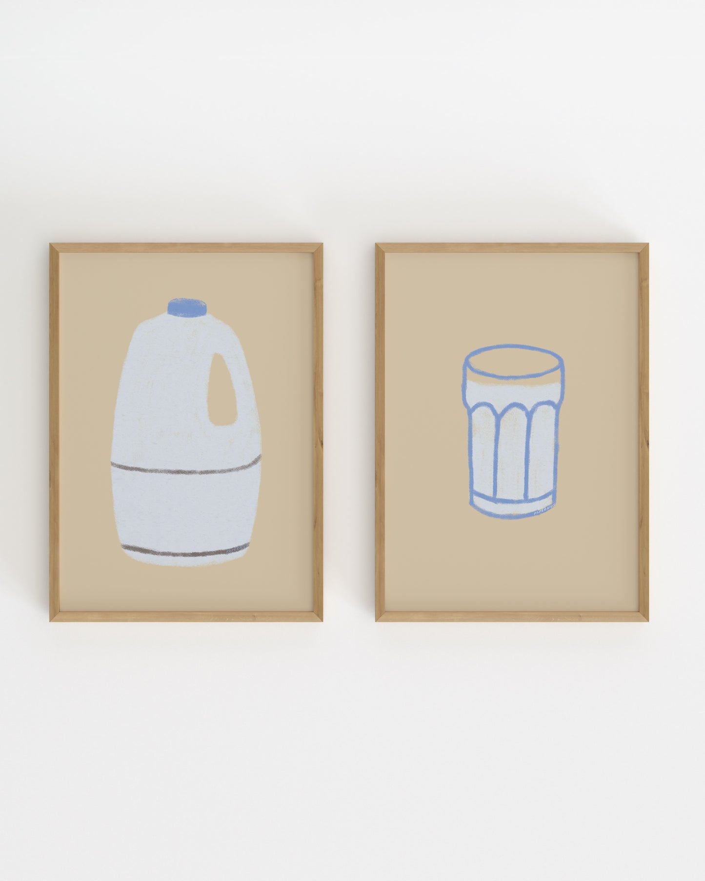 Set of two minimalist kitchen prints featuring a milk bottle and drinking glass in soft neutral colours