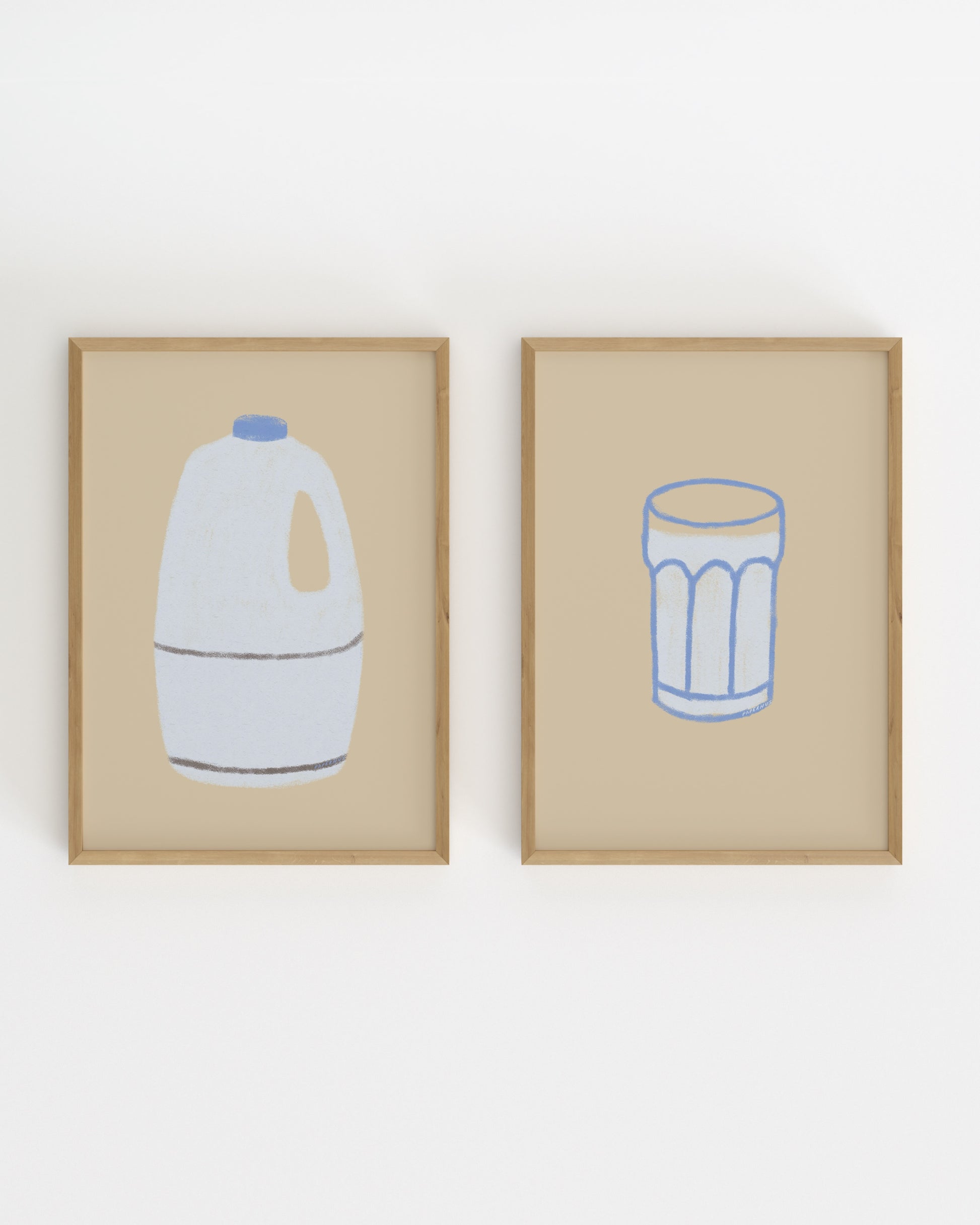 Set of two minimalist kitchen prints featuring a milk bottle and drinking glass in soft neutral colours