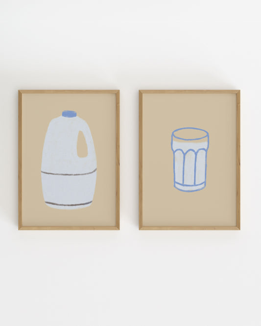 Set of two minimalist kitchen prints featuring a milk bottle and drinking glass in soft neutral colours