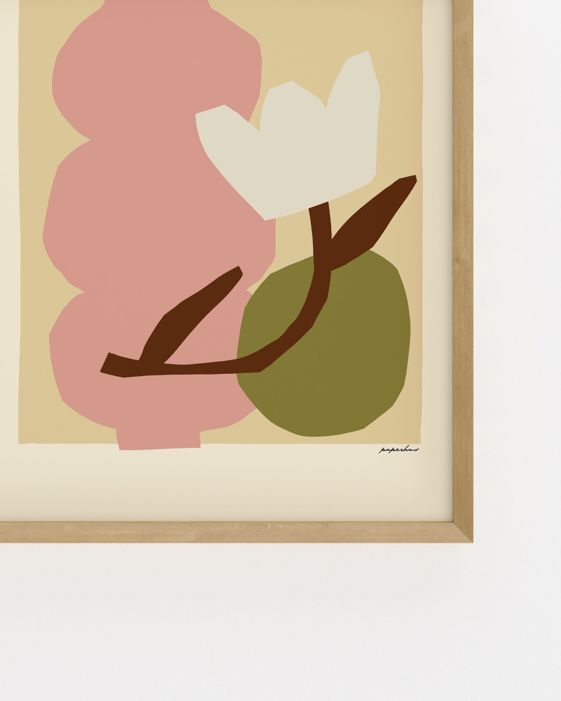 Modern abstract floral print featuring a pink vase, white flower and earthy neutral tones