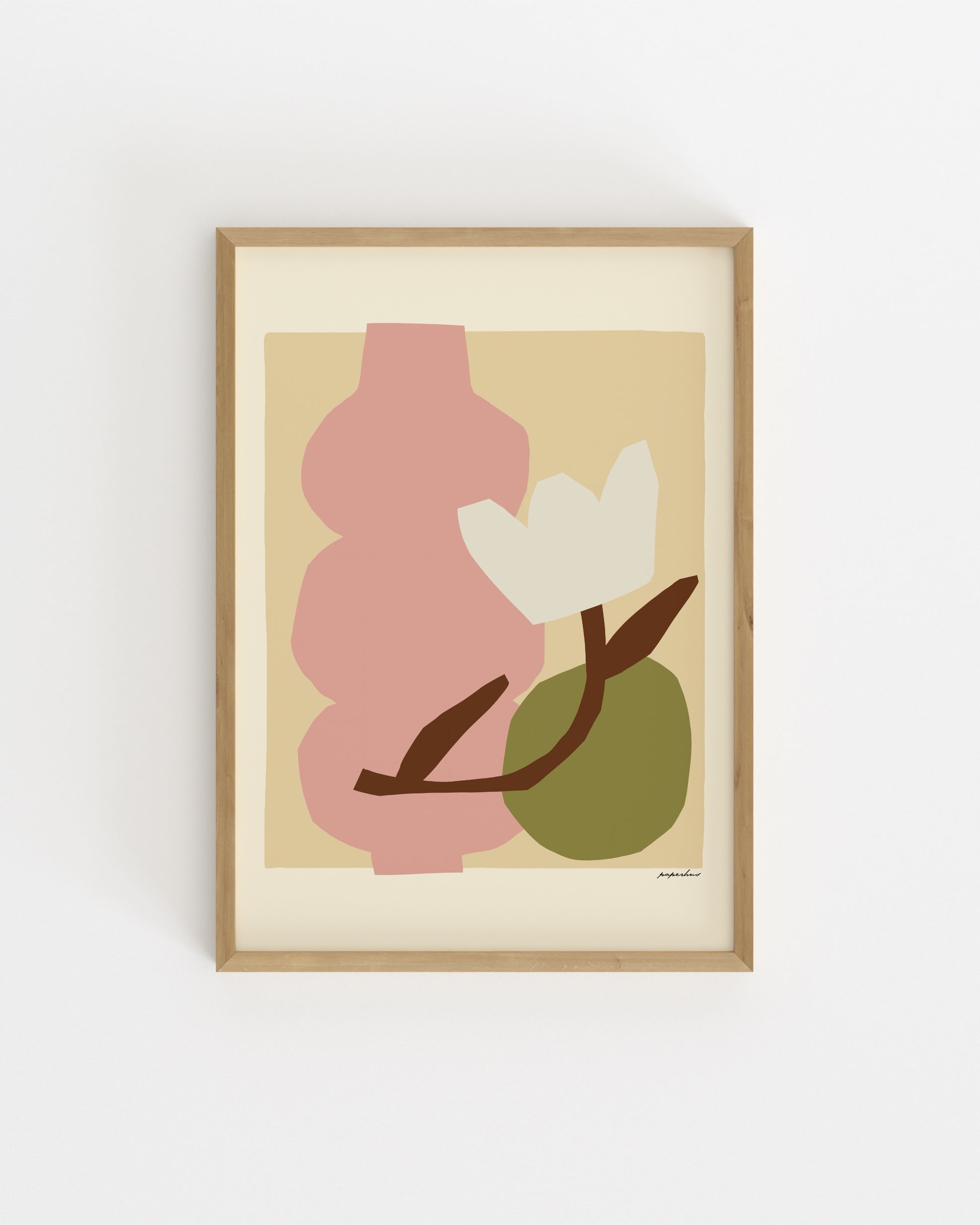Modern abstract floral print featuring a pink vase, white flower and earthy neutral tones