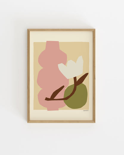 Modern abstract floral print featuring a pink vase, white flower and earthy neutral tones