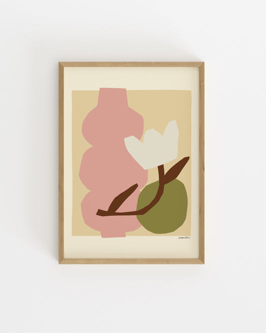 Modern abstract floral print featuring a pink vase, white flower and earthy neutral tones