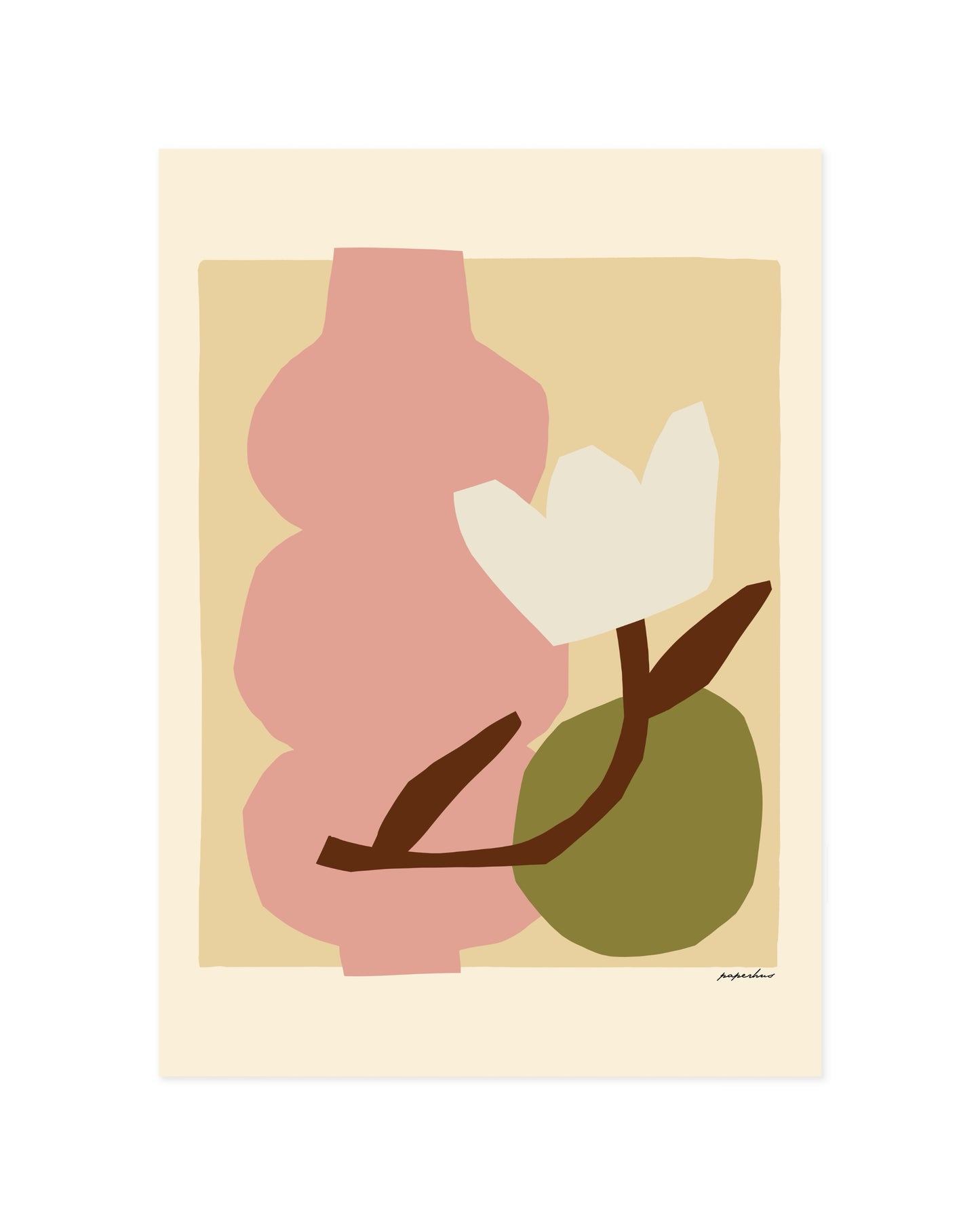 Modern abstract floral print featuring a pink vase, white flower and earthy neutral tones