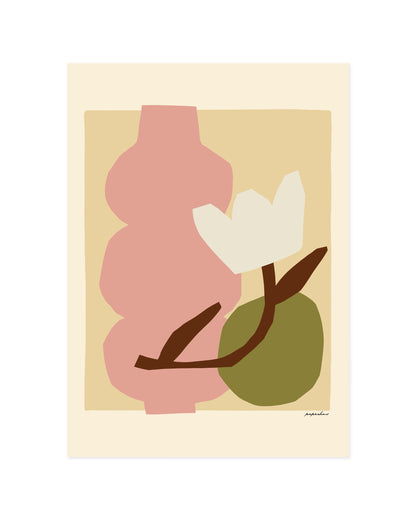 Modern abstract floral print featuring a pink vase, white flower and earthy neutral tones