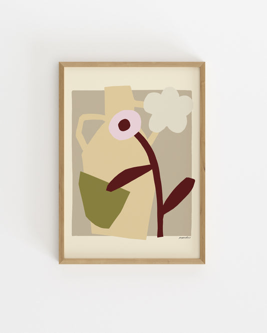 Modern abstract floral print featuring a sculptural vase, white flower and earthy neutral tones