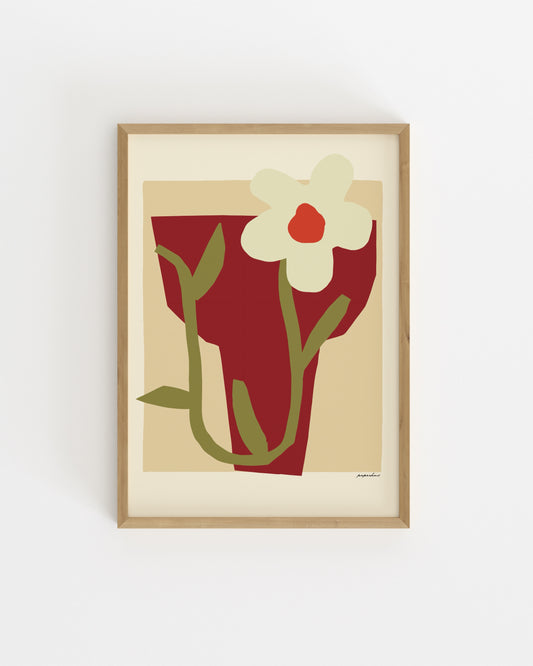 Modern floral print featuring a red vase, white flower and minimalist botanical design in warm neutral tones