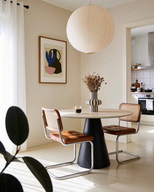 Abstract floral wall art featuring a blue flower, dark vase and blush pink shape in a minimalist colour block style