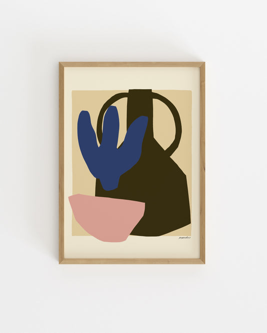 Abstract floral wall art featuring a blue flower, dark vase and blush pink shape in a minimalist colour block style