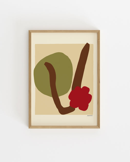 Abstract botanical wall art featuring a red flower, brown stem and olive green shape in a minimalist colour block style