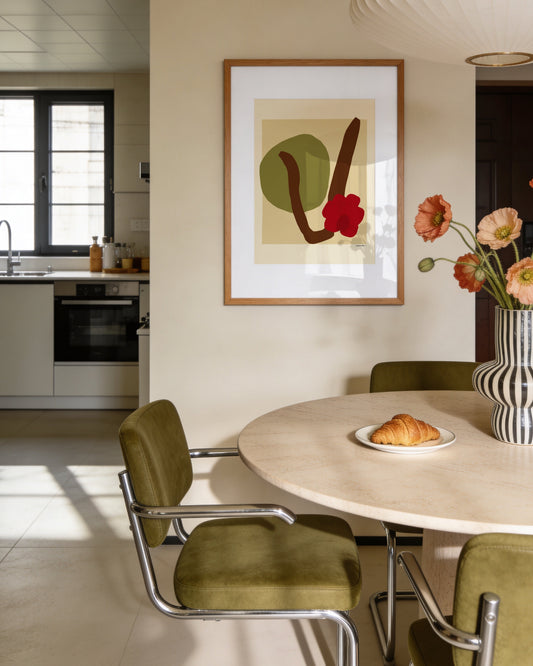 Abstract botanical wall art featuring a red flower, brown stem and olive green shape in a minimalist colour block style