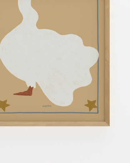Vintage-inspired goose illustration with star details in soft neutral tones for a nursery or children’s room