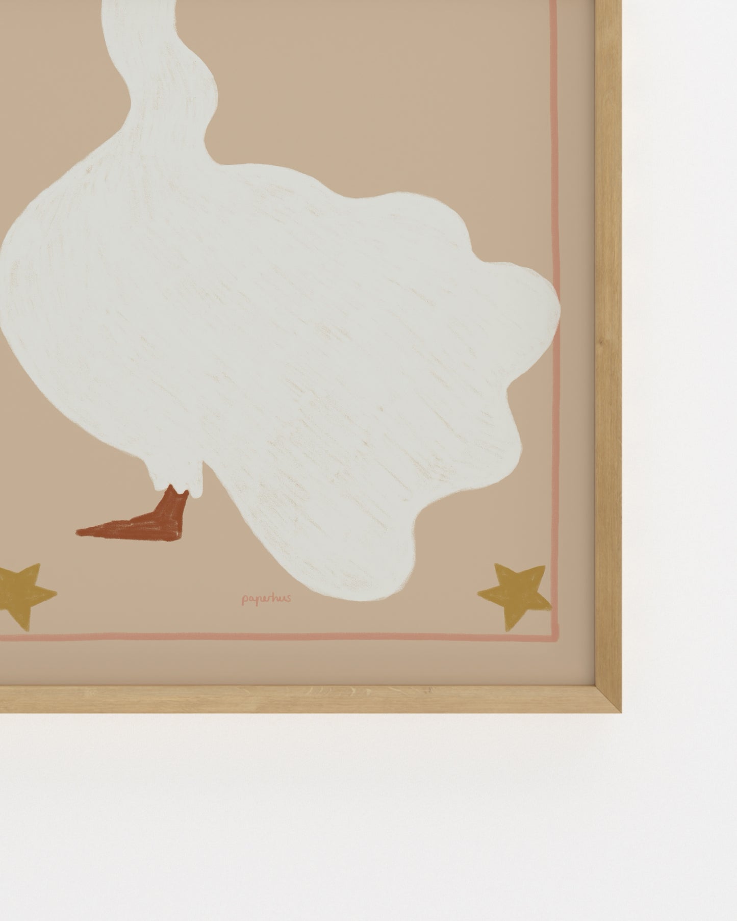 Vintage-inspired goose illustration with star details and blush pink border in soft neutral tones