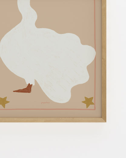 Vintage-inspired goose illustration with star details and blush pink border in soft neutral tones