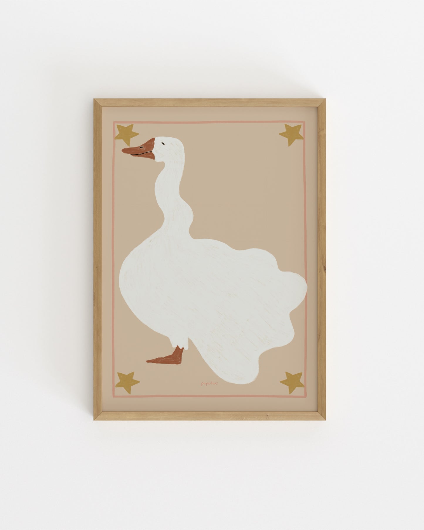 Vintage-inspired goose illustration with star details and blush pink border in soft neutral tones