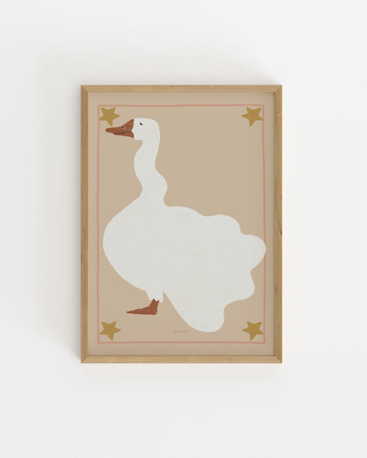 Vintage-inspired goose illustration with star details and blush pink border in soft neutral tones