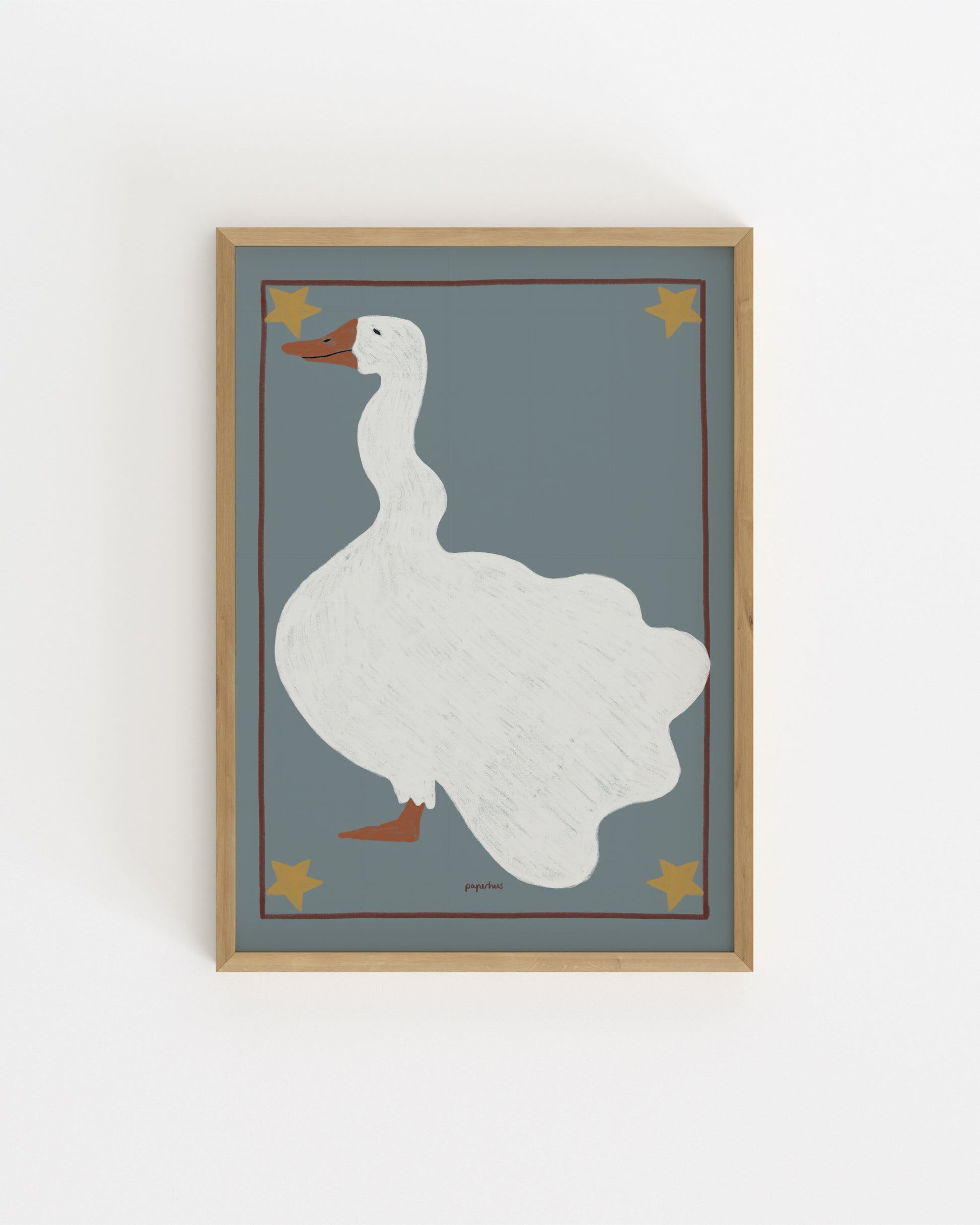 Vintage-inspired goose illustration on a soft blue background with star details for a nursery or children’s room