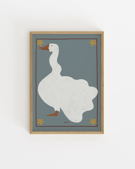 Vintage-inspired goose illustration on a soft blue background with star details for a nursery or children’s room