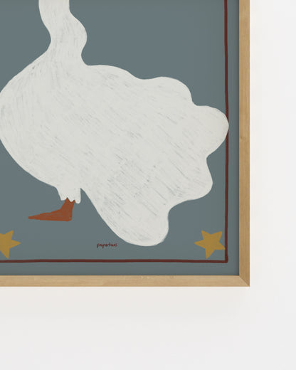 Vintage-inspired goose illustration on a soft blue background with star details for a nursery or children’s room