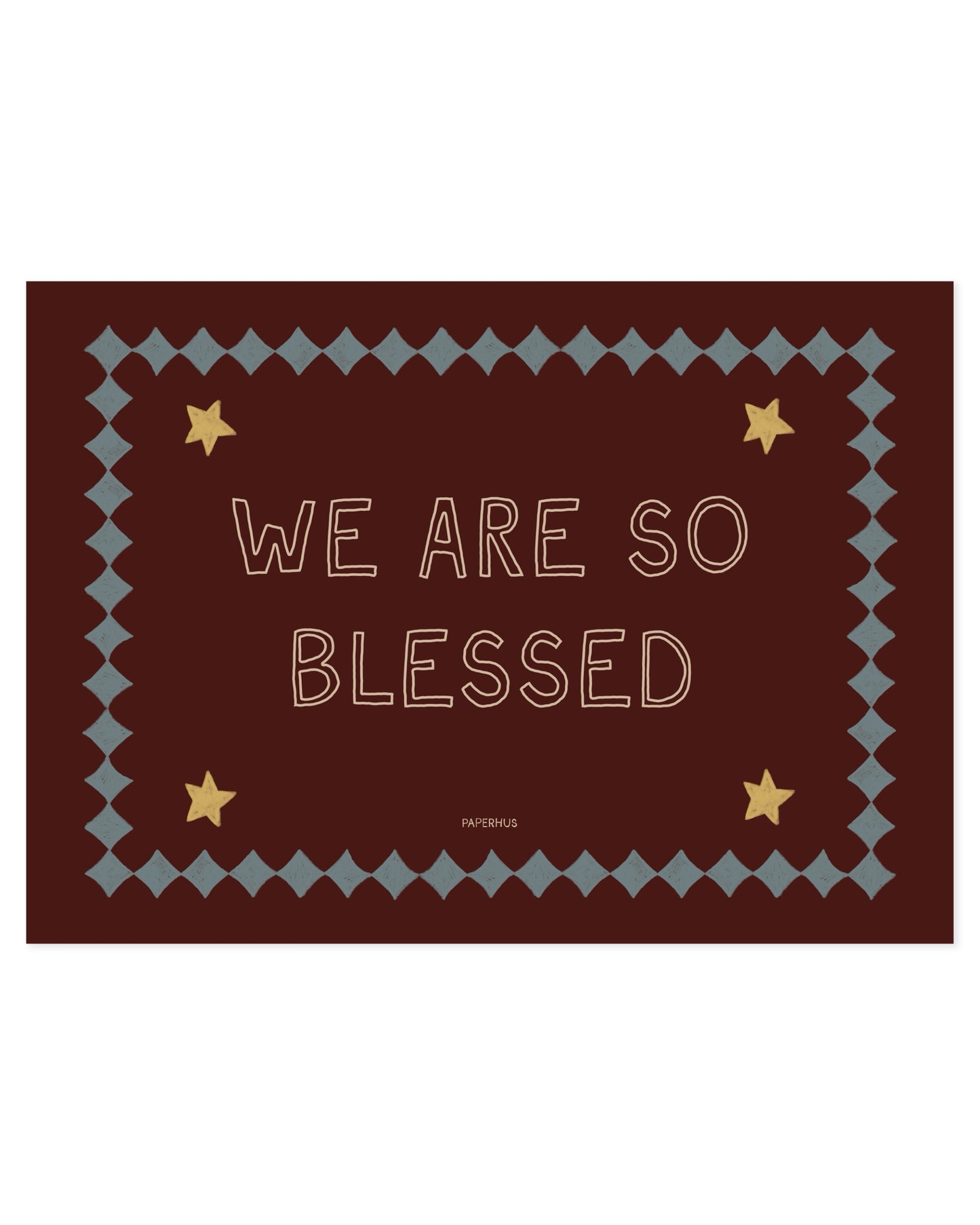 Typography nursery print reading “We Are So Blessed” on a burgundy background with stars and decorative border
