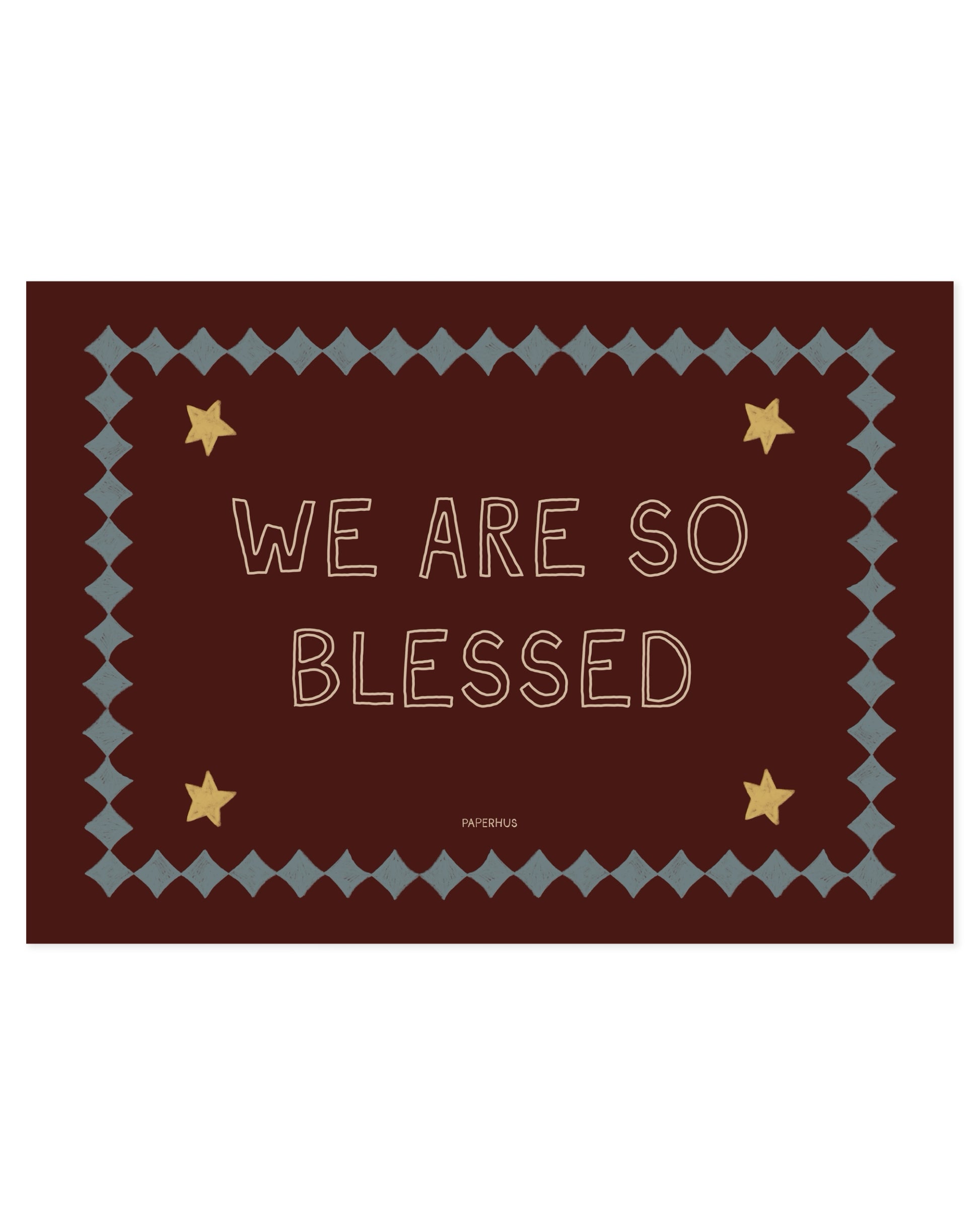 Typography nursery print reading “We Are So Blessed” on a burgundy background with stars and decorative border