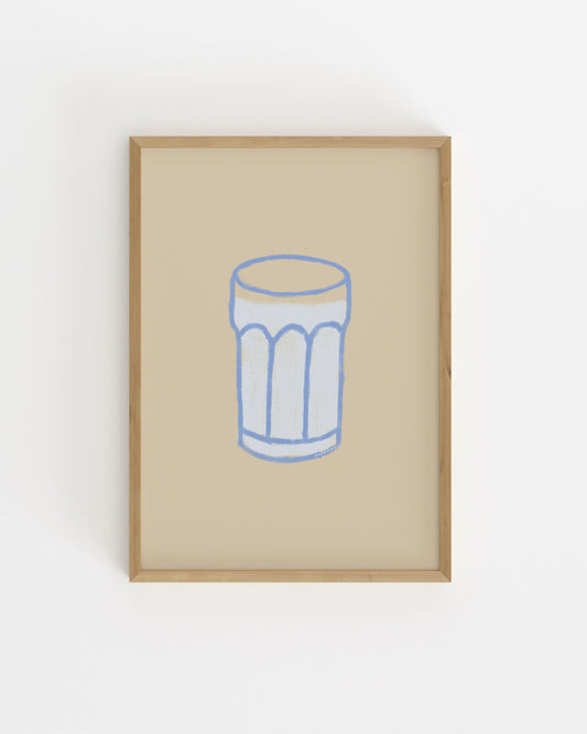 minimal glass of milk illustration in soft blue tones, modern kitchen wall art printable
