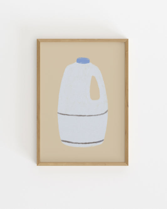 minimal milk bottle illustration in neutral tones with blue cap, modern kitchen wall art printable