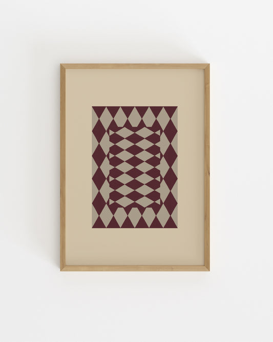 abstract harlequin geometric pattern print in red and neutral tones, modern wall art printable
