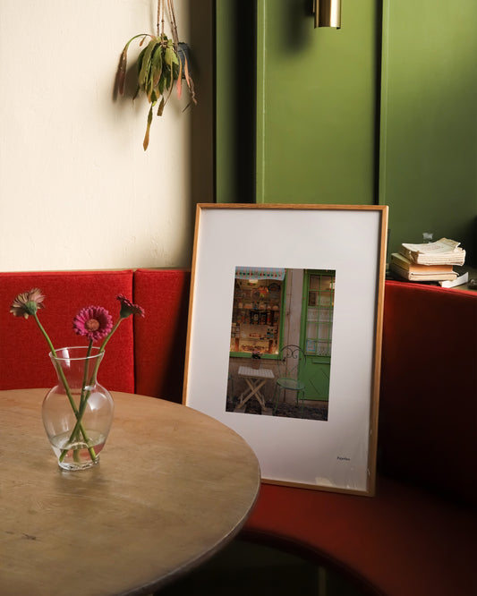 Lisbon cafe storefront photography print with green door and table, modern wall art printable
