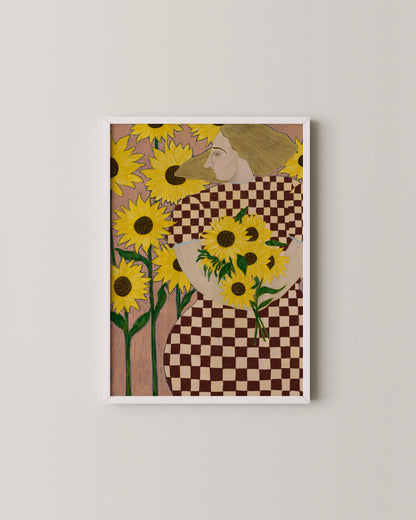Sunflowers in Check | Playful Figurative Floral Art Print