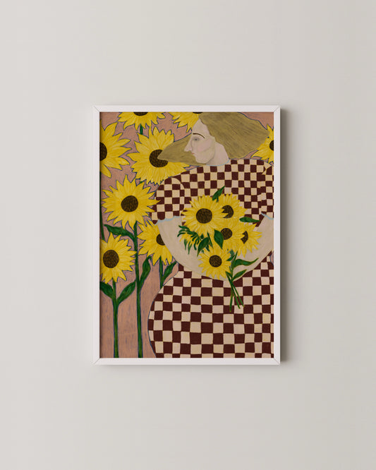 Sunflowers in Check | Playful Figurative Floral Art Print