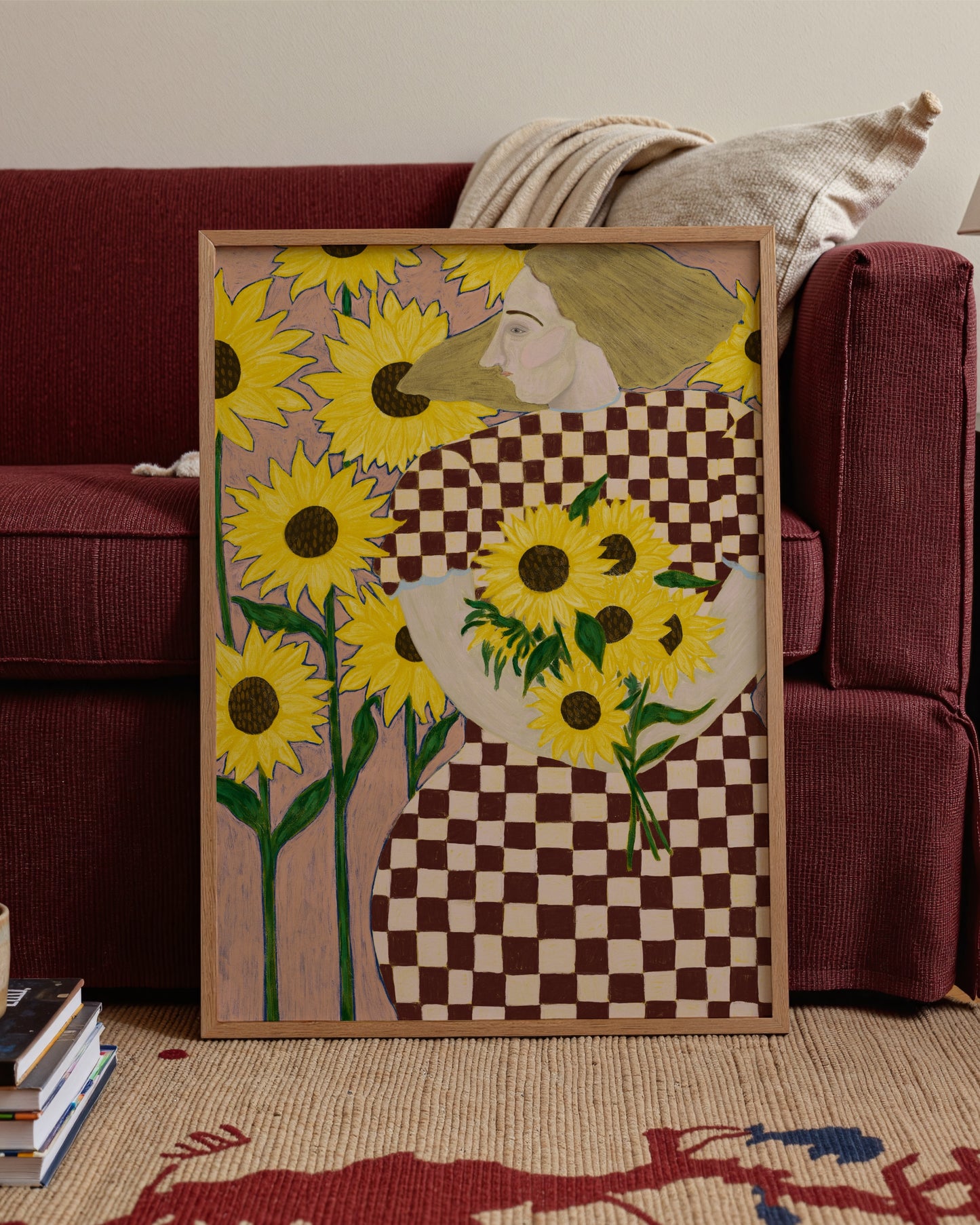 Sunflowers in Check | Playful Figurative Floral Art Print