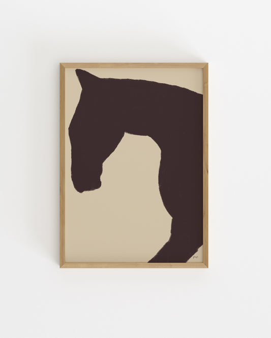 minimal horse silhouette in dark brown on beige background, modern animal wall art.