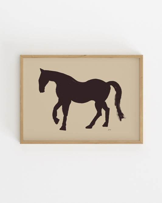 minimal horse silhouette full body in dark brown on beige background modern wall art
