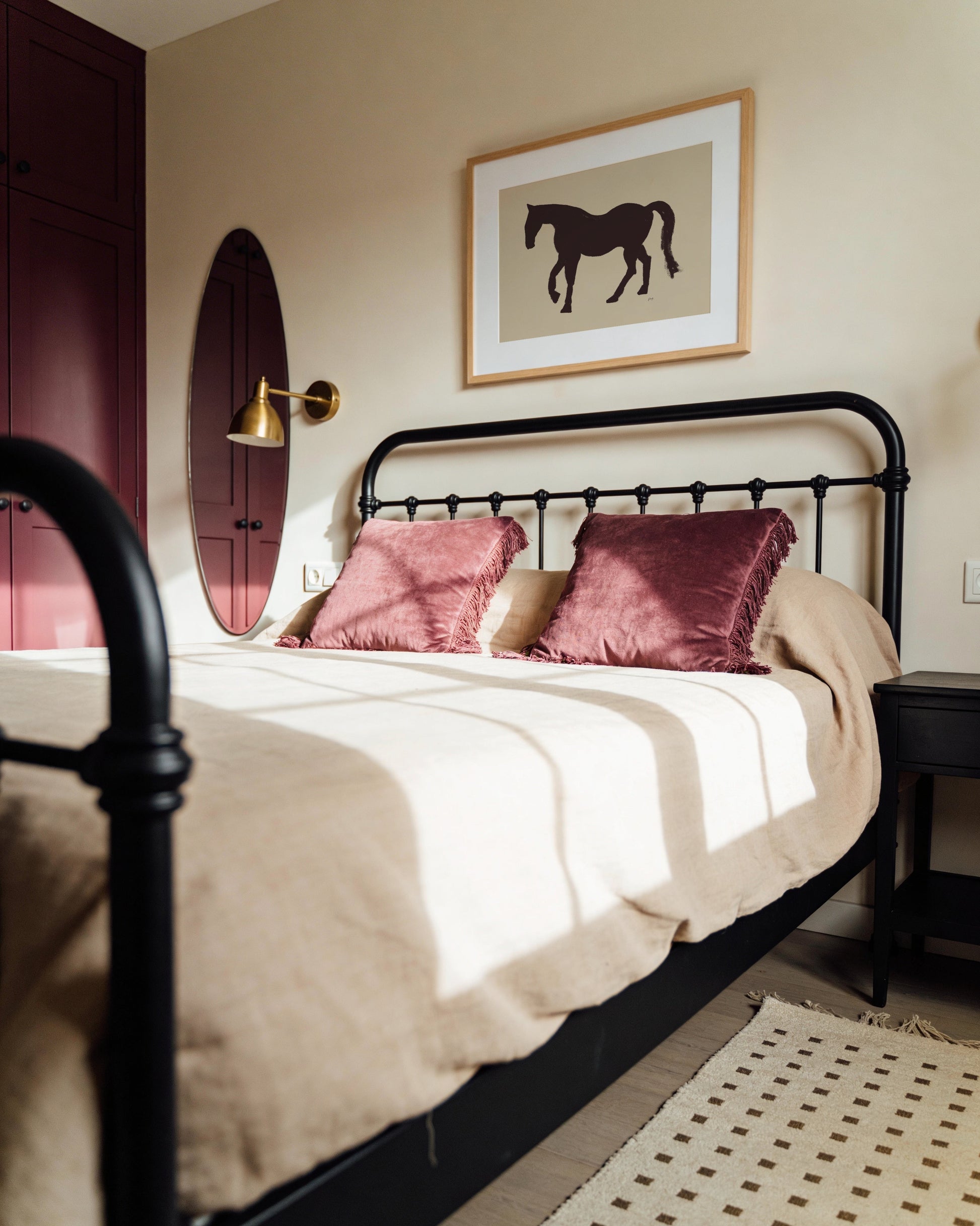 minimal horse silhouette full body in dark brown on beige background modern wall art