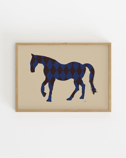 horse silhouette with blue harlequin pattern on beige background modern wall art.