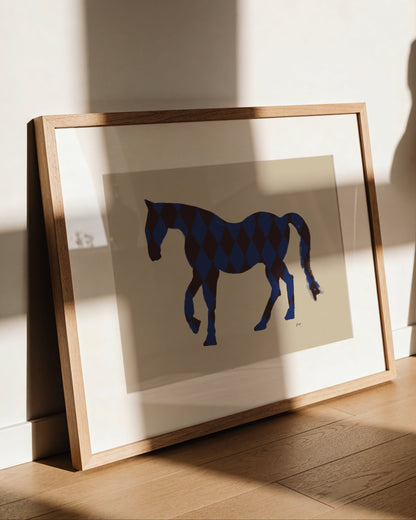 horse silhouette with blue harlequin pattern on beige background modern wall art