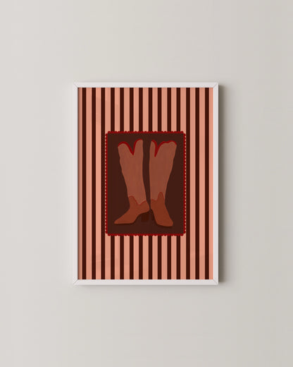Retro Cowboy Boots Print | Pink & Burgundy Wall Art