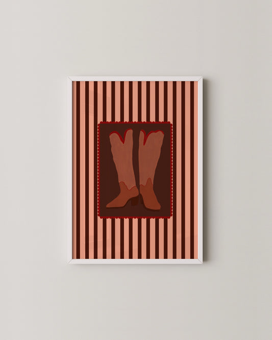 Retro Cowboy Boots Print | Pink & Burgundy Wall Art