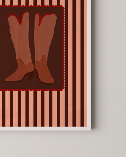 Retro Cowboy Boots Print | Pink & Burgundy Wall Art