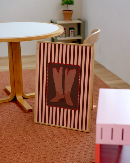 Retro Cowboy Boots Print | Pink & Burgundy Wall Art