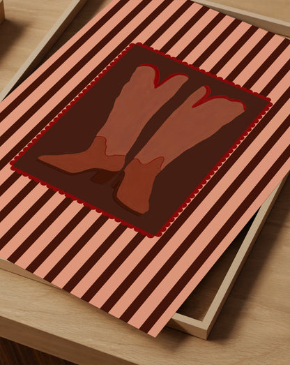 Retro Cowboy Boots Print | Pink & Burgundy Wall Art