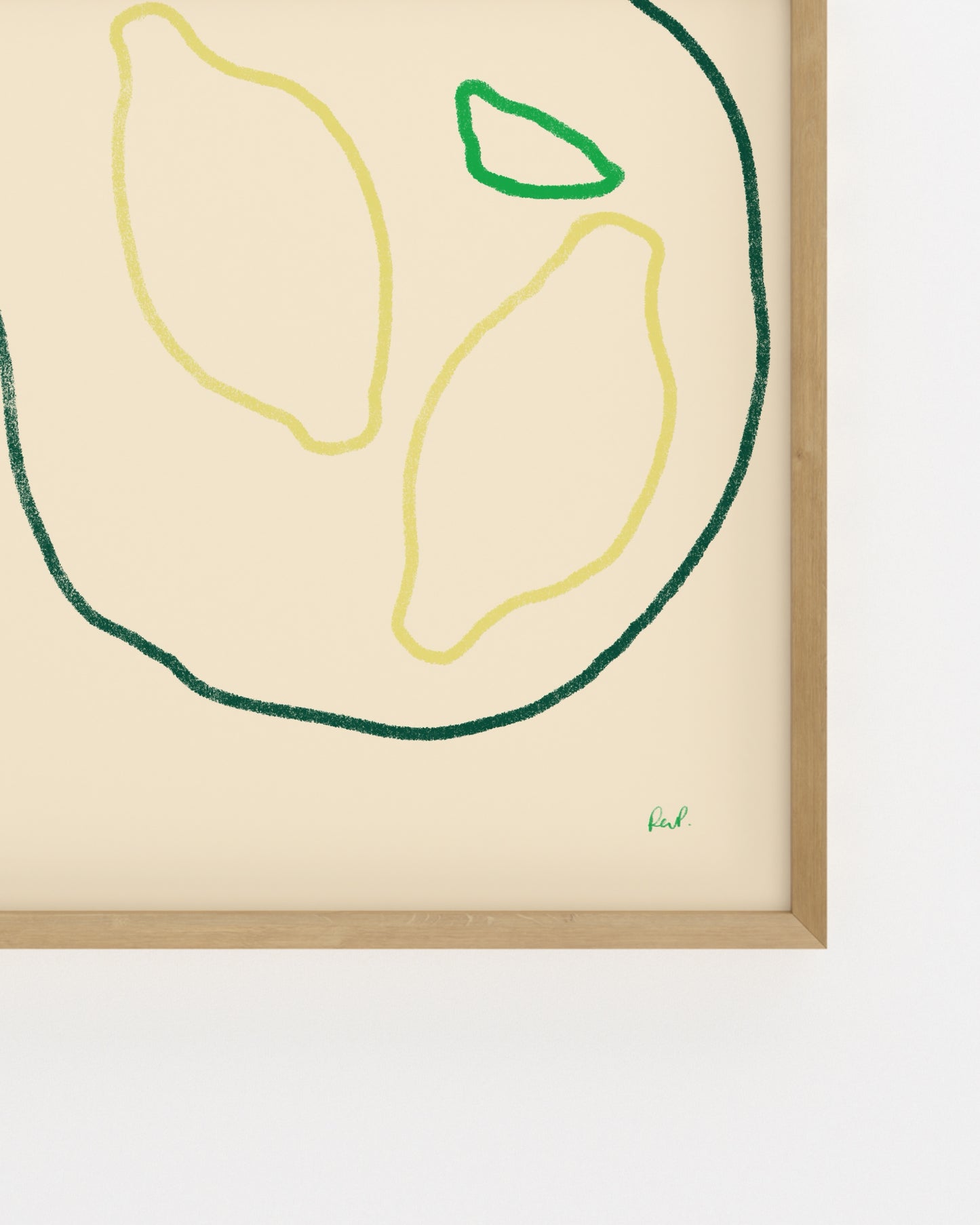 Minimalist hand-drawn lemon printable wall art featuring two lemons with green leaves on a soft cream background.