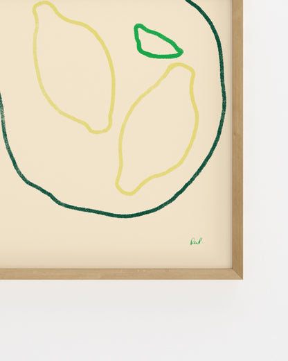 Minimalist hand-drawn lemon printable wall art featuring two lemons with green leaves on a soft cream background.
