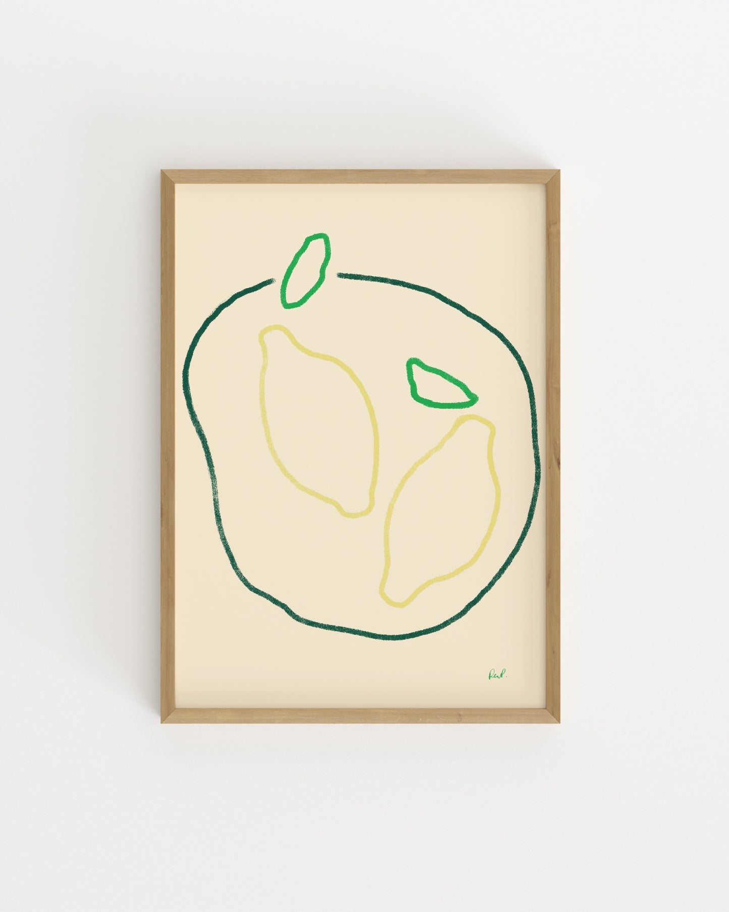 Minimalist hand-drawn lemon printable wall art featuring two lemons with green leaves on a soft cream background.