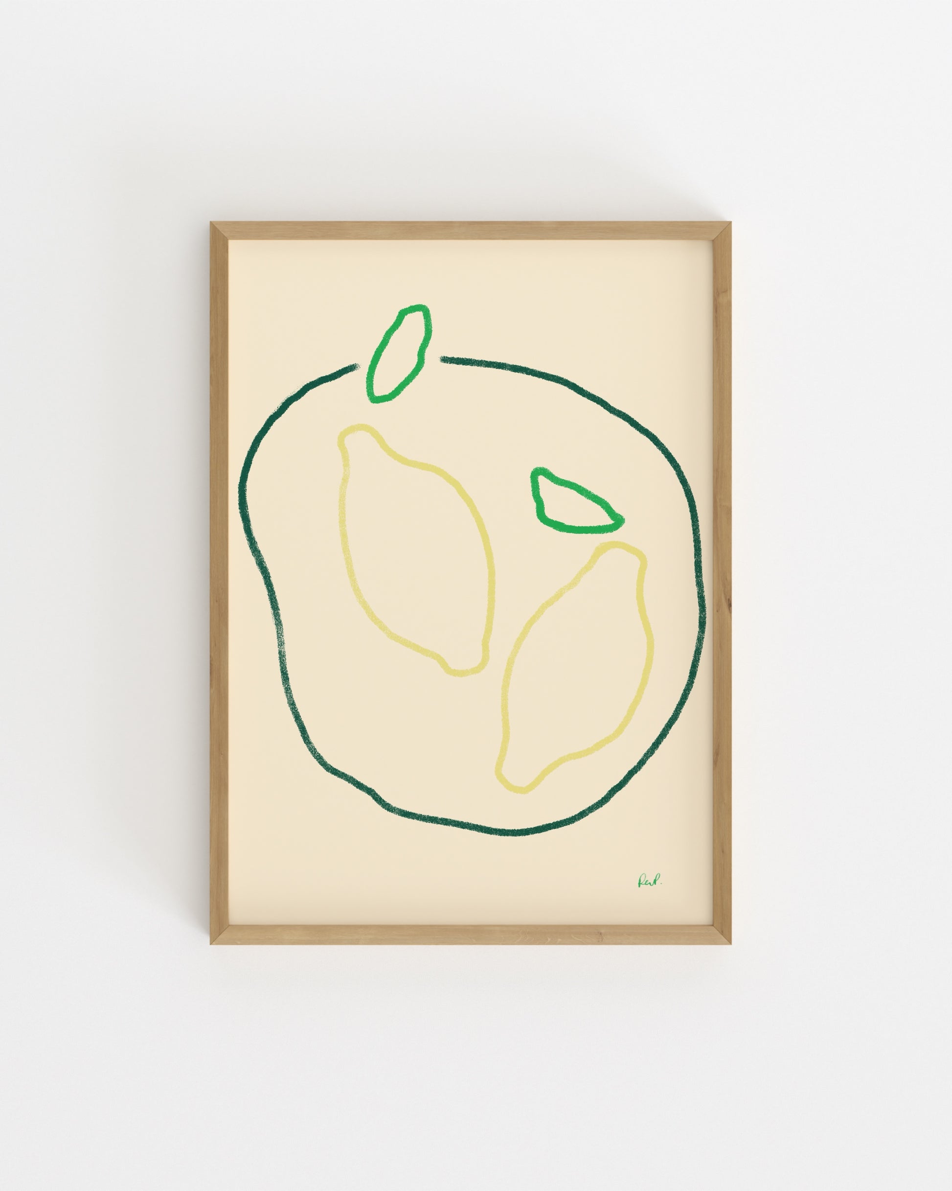 Minimalist hand-drawn lemon printable wall art featuring two lemons with green leaves on a soft cream background.