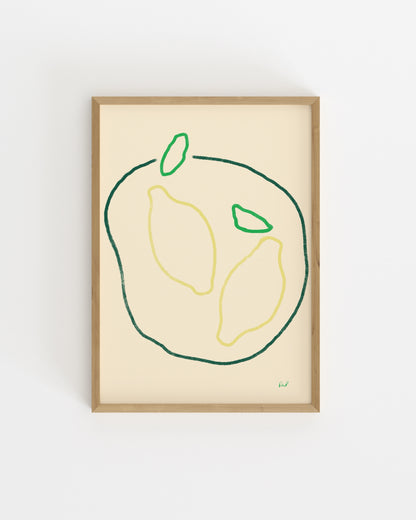 Minimalist hand-drawn lemon printable wall art featuring two lemons with green leaves on a soft cream background.